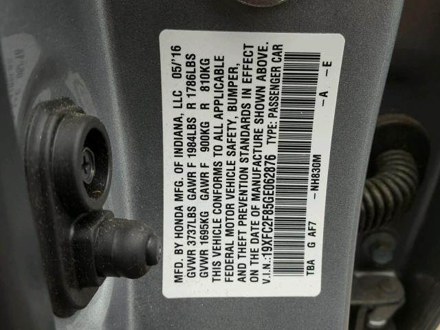 19XFC2F85GE062876 - 2016 HONDA CIVIC EX SILVER photo 10