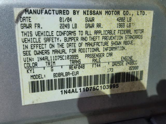 1N4AL11D75C103995 - 2005 NISSAN ALTIMA S SILVER photo 10