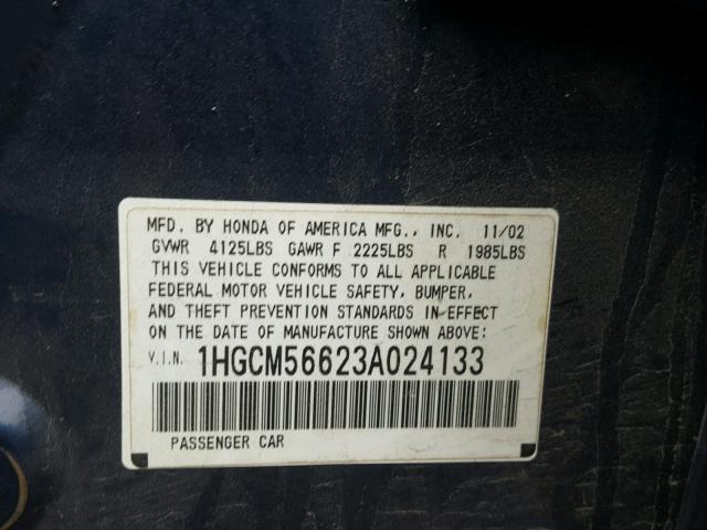 1HGCM56623A024133 - 2003 HONDA ACCORD EX BLUE photo 10