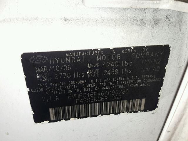 KMHFC46FX6A095783 - 2006 HYUNDAI AZERA SE WHITE photo 10