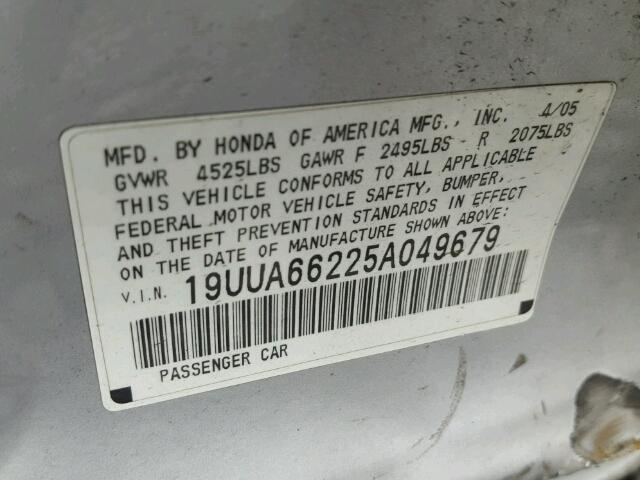 19UUA66225A049679 - 2005 ACURA TL SILVER photo 10