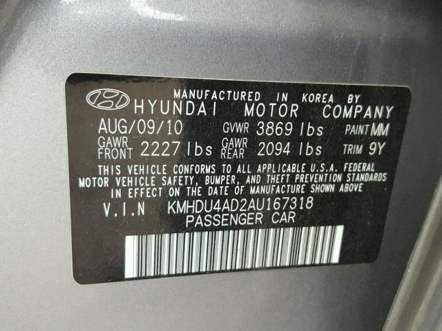 KMHDU4AD2AU167318 - 2010 HYUNDAI ELANTRA BL GRAY photo 10