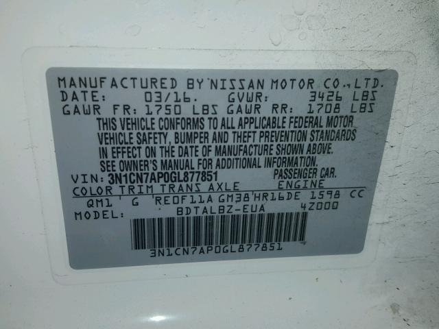 3N1CN7AP0GL877851 - 2016 NISSAN VERSA S WHITE photo 10