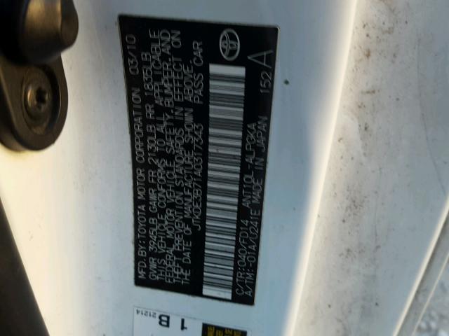 JTKDE3B71A0317343 - 2010 TOYOTA SCION TC 白色 照片 10