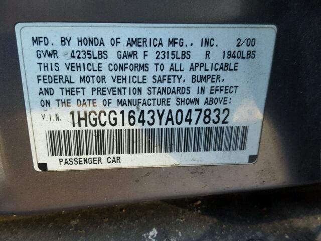 1HGCG1643YA047832 - 2000 HONDA ACCORD LX GRAY photo 10