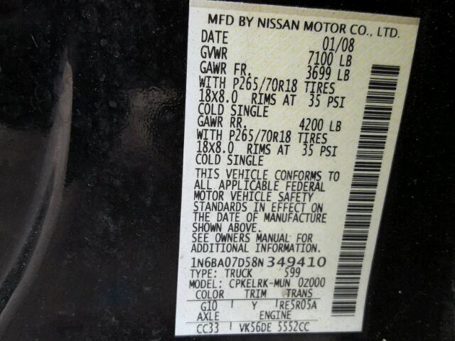 1N6BA07D58N349410 - 2008 NISSAN TITAN XE BLACK photo 10