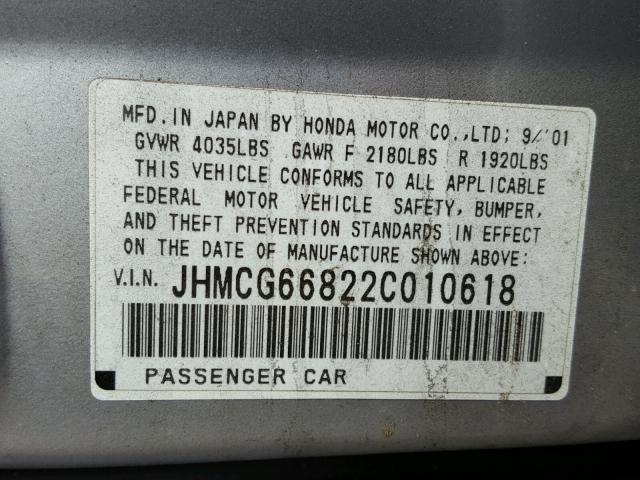 JHMCG66822C010618 - 2002 HONDA ACCORD EX SILVER photo 10