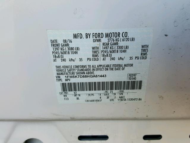 1FM5K7D88HGA61443 - 2017 FORD EXPLORER X WHITE photo 10