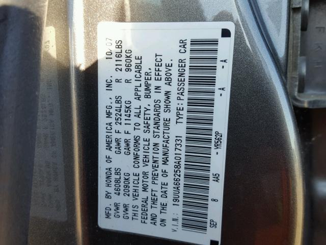 19UUA66258A017331 - 2008 ACURA TL SILVER photo 10