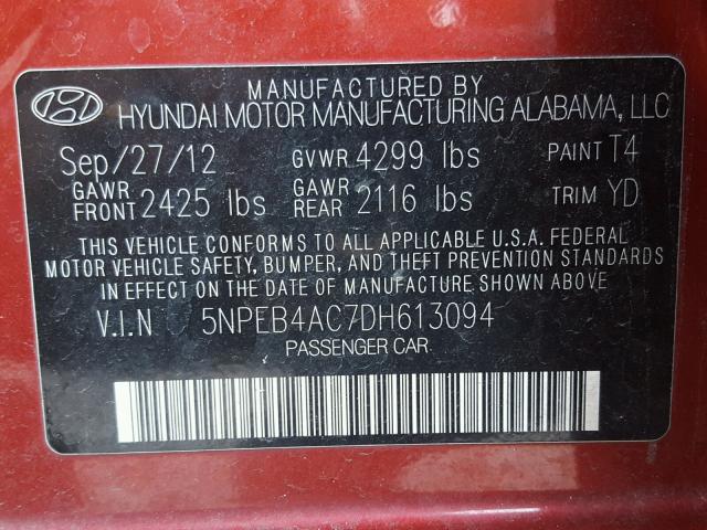 5NPEB4AC7DH613094 - 2013 HYUNDAI SONATA GLS RED photo 10