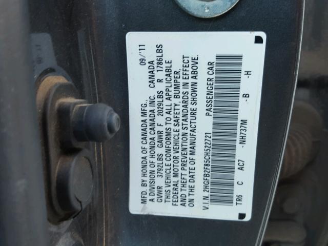 2HGFB2F85CH522721 - 2012 HONDA CIVIC EX GRAY photo 10