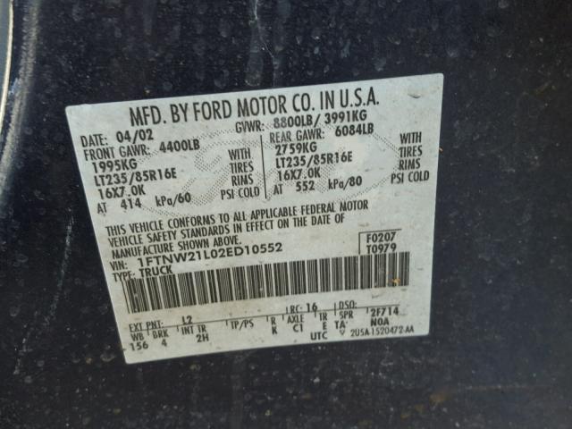 1FTNW21L02ED10552 - 2002 FORD F250 SUPER BLUE photo 10