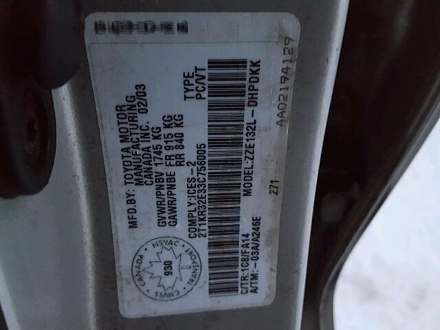 2T1KR32E33C756005 - 2003 TOYOTA COROLLA MA SILVER photo 10