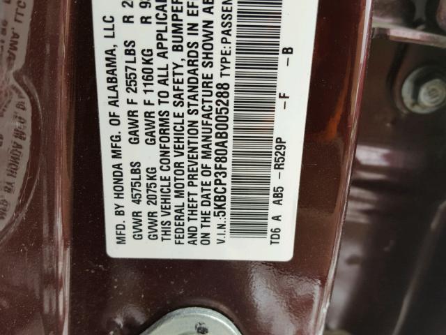 5KBCP3F80AB005288 - 2010 HONDA ACCORD EXL MAROON photo 10