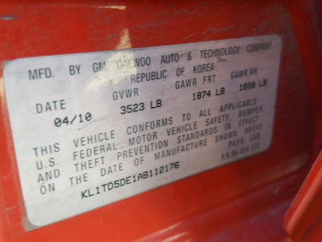 KL1TD5DE1AB112176 - 2010 CHEVROLET AVEO LS RED photo 10