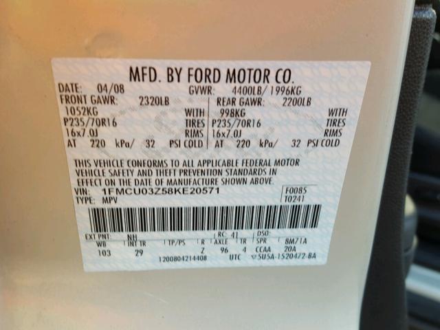 1FMCU03Z58KE20571 - 2008 FORD ESCAPE XLT CREAM photo 10