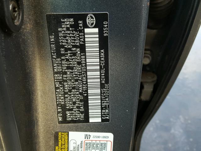 4T1BE46K57U549881 - 2007 TOYOTA CAMRY NEW GRAY photo 10