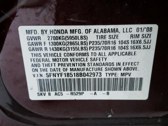 5FNYF18518B042973 - 2008 HONDA PILOT EXL MAROON photo 10