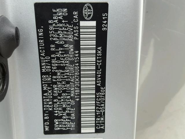 4T1BF3EK7BU641544 - 2011 TOYOTA CAMRY BASE SILVER photo 10