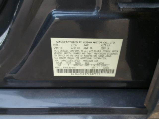 1N4AL21E37C187525 - 2007 NISSAN ALTIMA 2.5 BLUE photo 10