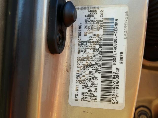 4T1BE32K22U059892 - 2002 TOYOTA CAMRY LE 米色 照片 10