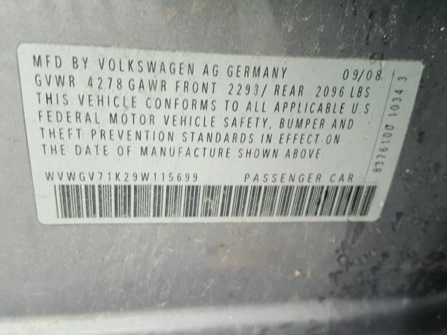 WVWGV71K29W115699 - 2009 VOLKSWAGEN GTI GRAY photo 10