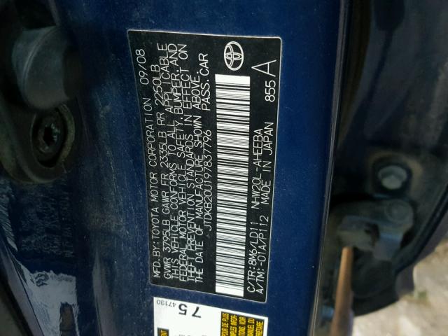 JTDKB20U197837796 - 2009 TOYOTA PRIUS BLUE photo 10