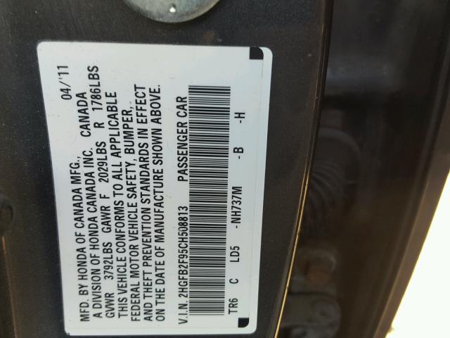 2HGFB2F95CH508813 - 2012 HONDA CIVIC EXL 灰色 照片 10