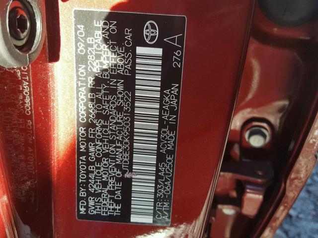 JTDBE30K950313522 - 2005 TOYOTA CAMRY LE RED photo 10