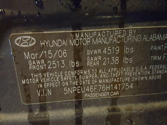 5NPEU46F76H141754 - 2006 HYUNDAI SONATA GLS BLUE photo 10