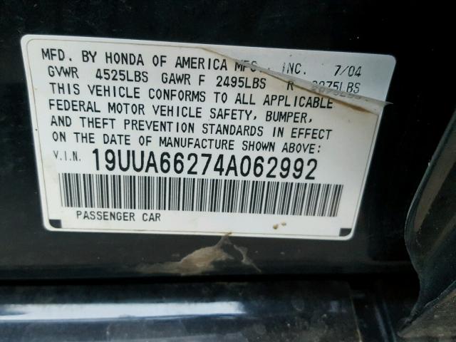 19UUA66274A062992 - 2004 ACURA TL BLACK photo 10