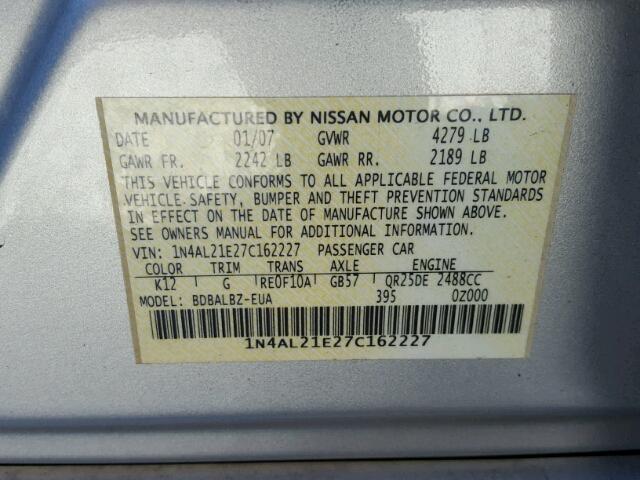 1N4AL21E27C162227 - 2007 NISSAN ALTIMA 2.5 SILVER photo 10