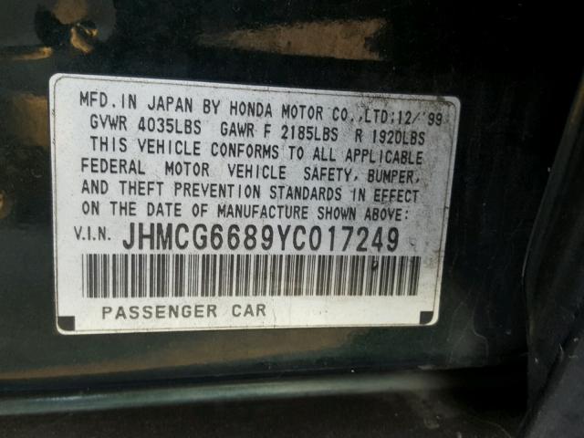 JHMCG6689YC017249 - 2000 HONDA ACCORD EX GREEN photo 10