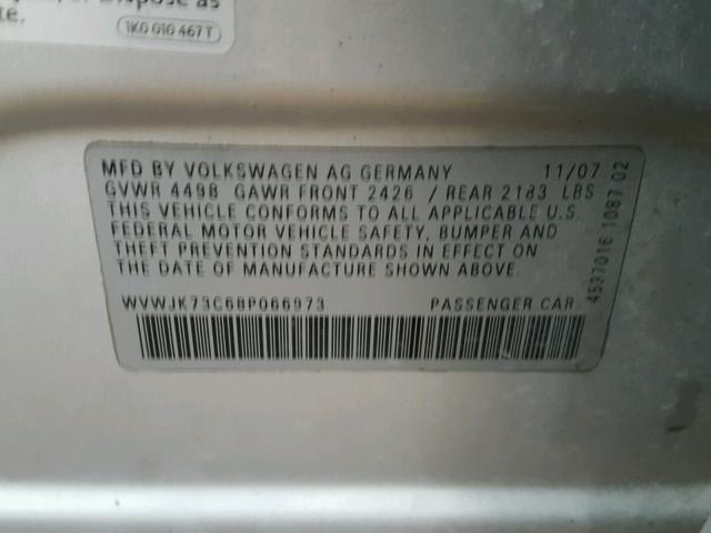 WVWJK73C68P066973 - 2008 VOLKSWAGEN PASSAT TUR SILVER photo 10