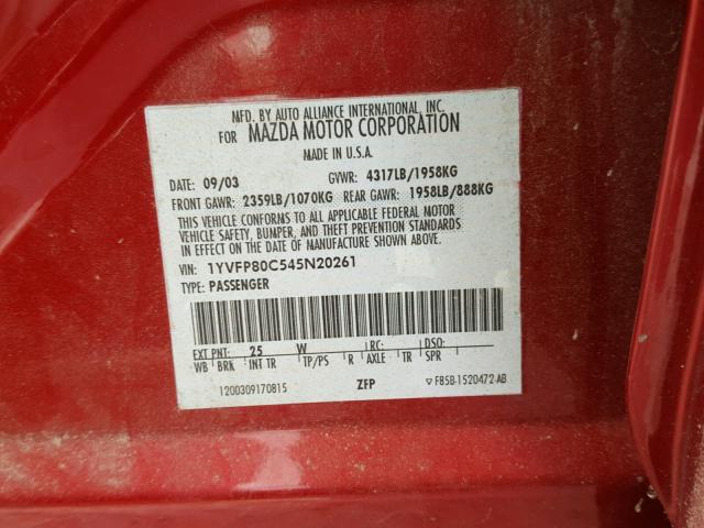 1YVFP80C545N20261 - 2004 MAZDA 6 I RED photo 10