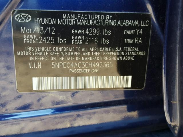 5NPEC4AC3CH492365 - 2012 HYUNDAI SONATA SE BLUE photo 10