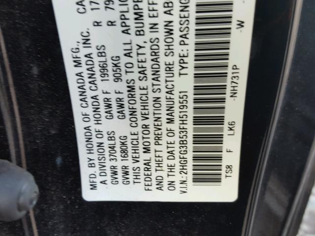 2HGFG3B53FH519551 - 2015 HONDA CIVIC LX BLACK photo 10