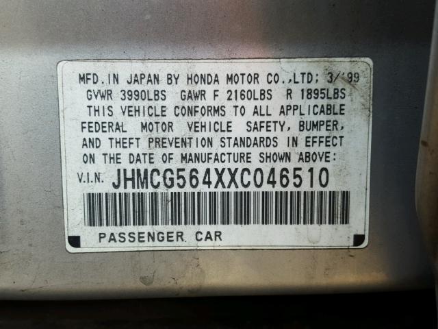 JHMCG564XXC046510 - 1999 HONDA ACCORD LX SILVER photo 10