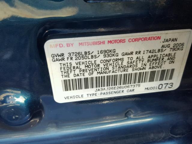 JA3AJ26E26U067375 - 2006 MITSUBISHI LANCER ES BLUE photo 10