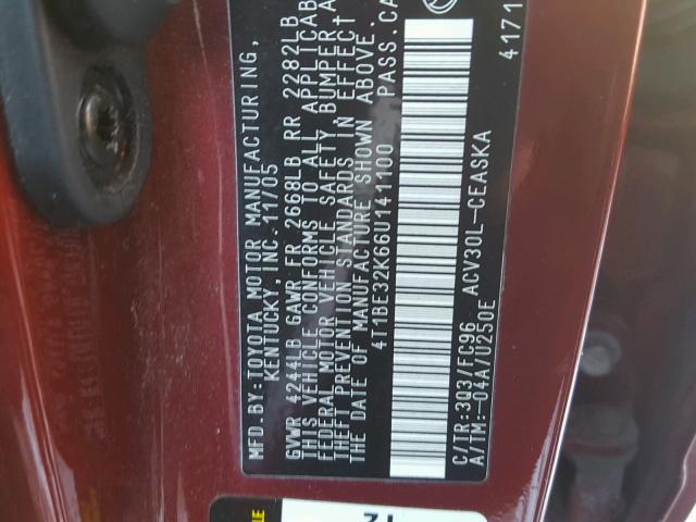 4T1BE32K66U141100 - 2006 TOYOTA CAMRY LE MAROON photo 10