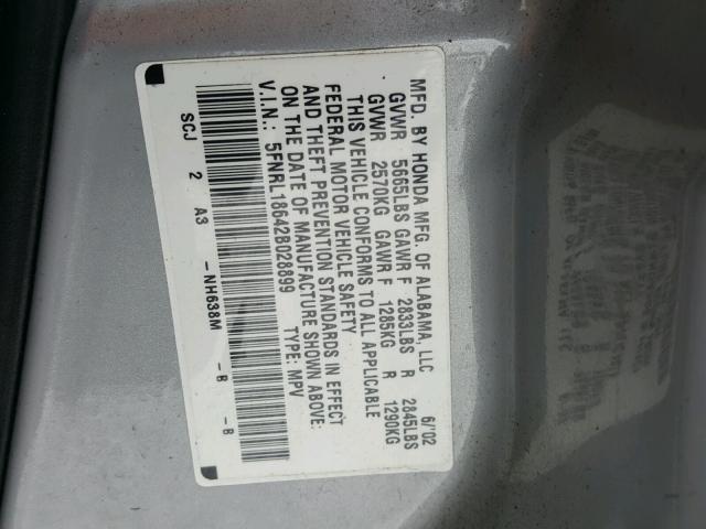 5FNRL18642B028899 - 2002 HONDA ODYSSEY EX GRAY photo 10