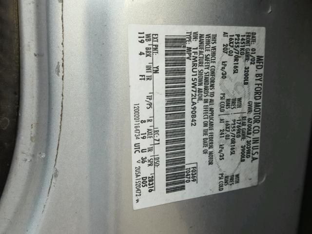 1FMRU15W72LA90842 - 2002 FORD EXPEDITION SILVER photo 10