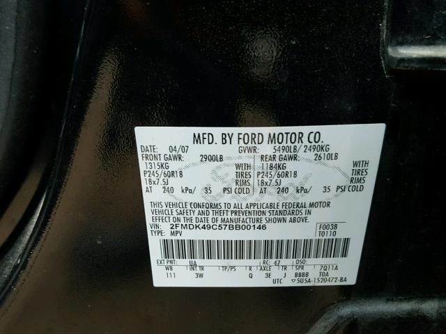 2FMDK49C57BB00146 - 2007 FORD EDGE SEL P BLACK photo 10