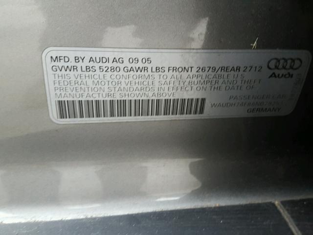 WAUDH74F86N079251 - 2006 AUDI A6 3.2 QUA GRAY photo 10