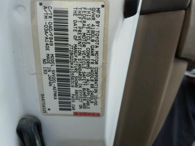 JT2BG22K410556319 - 2001 TOYOTA CAMRY CE WHITE photo 10