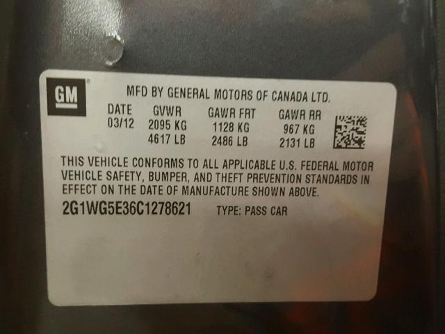 2G1WG5E36C1278621 - 2012 CHEVROLET IMPALA LT CHARCOAL photo 10