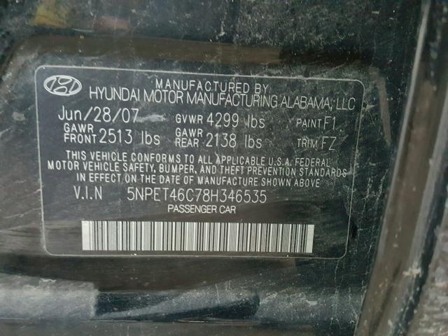 5NPET46C78H346535 - 2008 HYUNDAI SONATA GLS BLACK photo 10