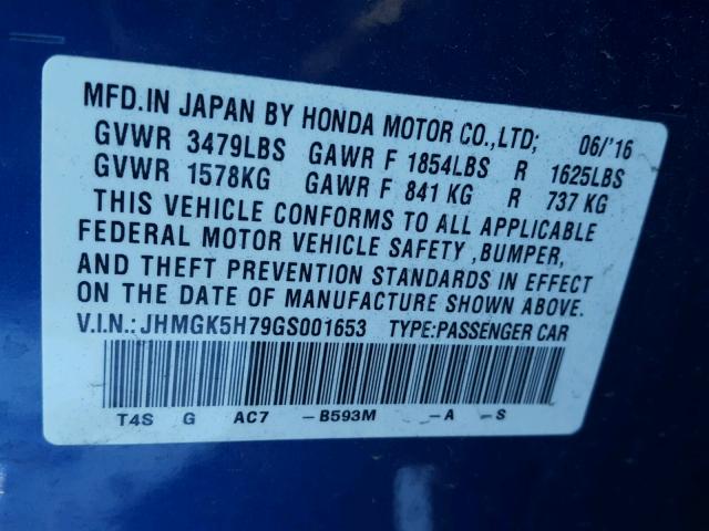 JHMGK5H79GS001653 - 2016 HONDA FIT EX BLUE photo 10