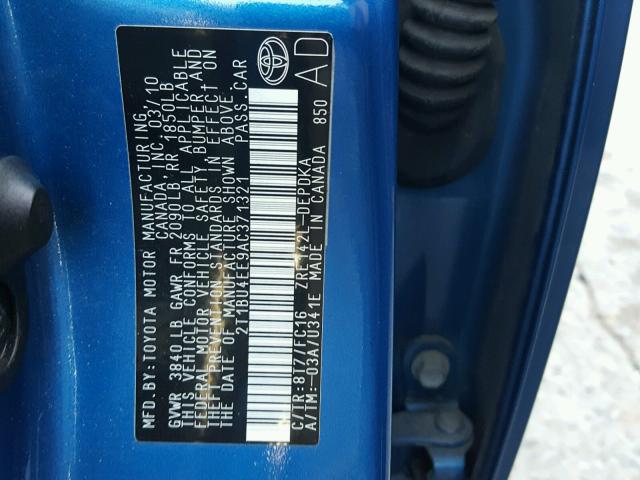 2T1BU4EE9AC371321 - 2010 TOYOTA COROLLA BA BLUE photo 10