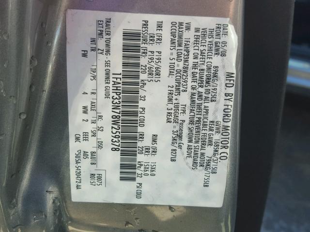 1FAHP33N78W259378 - 2008 FORD FOCUS SE GRAY photo 10